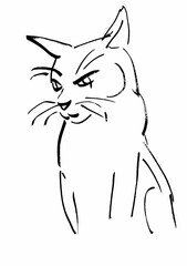 Angry cat sitting looking down, ink illustration.
2d vector art