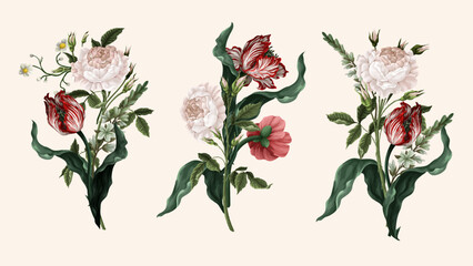 Bouquet with vintage roses, tulips and ohter flowers isolated. Vector.