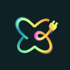 Letter X logo made of curved vivid gradient line with plug icon and rainbow shine.