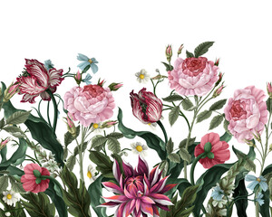 Border pattern with vintage flowers, such as roses, tulips. Vector.