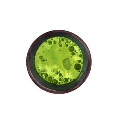 Watercolor organic green Japanese matcha latte one top view. Hand drawn illustration, isolated on white background. Green tea fragrant drink black cup in cartoon flat style.