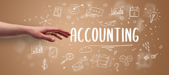 Close-Up of cropped hand pointing at business inscription