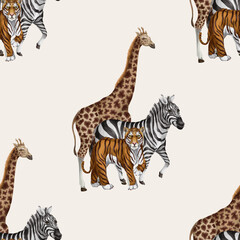 Fototapeta na wymiar Seamless pattern with tiger, zebra and giraffe. Vector.