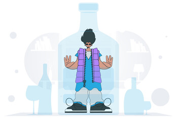 The concept of treatment for alcohol addiction. The guy is a hostage inside the bottle.