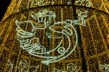 Christmas decoration inside Christmas Tree on Constitution square in Malaga, Spain on December 3, 2022