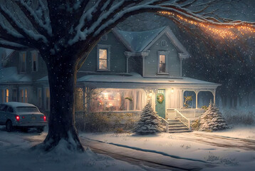 A Christmas scene with a house, a Christmas tree and a winter background at night. A generative AI Illustration.