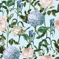 Seamless pattern with hydrangeas and roses. Vector.