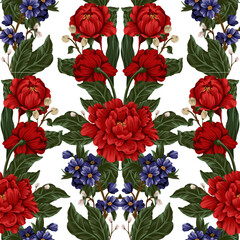 Seamless pattern with red peonies and small flowers. Vector.