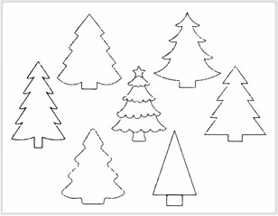 Obraz premium Outline of Christmas trees of different shapes on a white background