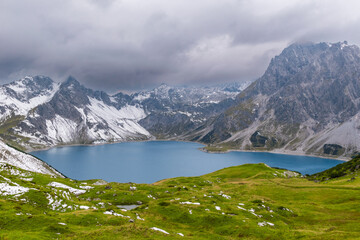 snowy alpin scenery with the view towards the Lake Lüner  (Lünersee, Vorarlberg, Austria)