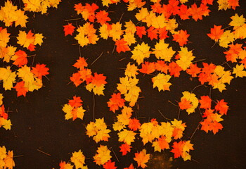 Naklejka na ściany i meble Illustration of autumn maple leaves outdoors, generative ai