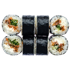Set of maki sushi rolls with tuna, fried onions, cream cheese, cucumber, rice and nori, isolated on white.