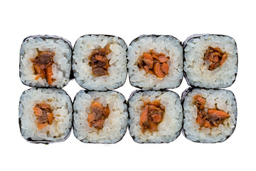 Set of maki sushi rolls with tuna, rice, nori, isolated on white.