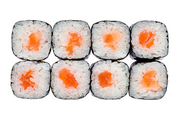 Set of maki sushi rolls with salmon fish, rice, nori, isolated on white.