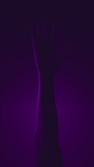 Close-up of a raised hand. Purple illumination.