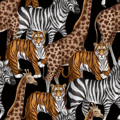 Seamless pattern with tiger, zebra and giraffe. Vector.