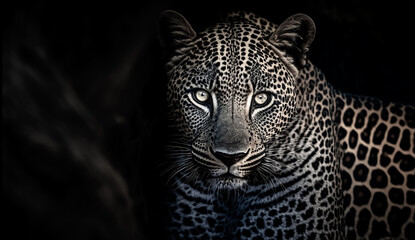 Majestic Leopard. Portrait of leopard on black background. Predator series. Danger concept. digital art	 - obrazy, fototapety, plakaty