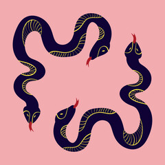 Magic Mystical snakes. Freaky quirky snakes . Card in modern doodle style. Vector illustration