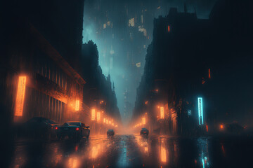 Fototapeta na wymiar Cyberpunk streets, futuristic city, wallpaper, rain, foggy, dystopia, moody empty future, art illustration