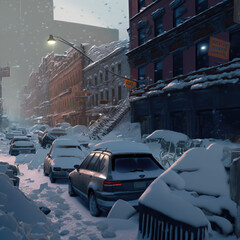 Apocalyptic view along a street in a virtual city during morning in the winter, showing empty street, parked cars, snow and urban architecture, created with Generative AI technology