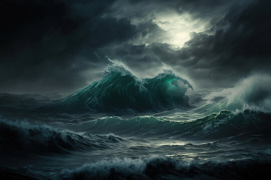 Illustration Of A Storm In The Middle Of The Ocean With Huge Waves And Grey Sky, Art Illustration