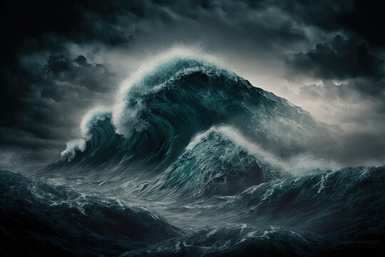 Illustration Of A Storm In The Middle Of The Ocean With Huge Waves And Grey Sky, Art Illustration