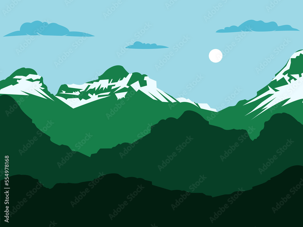 Wall mural mountain range landscape illustration with green grass and blue sky. mountains background.