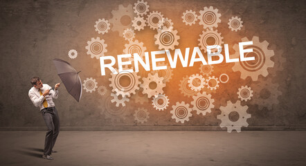 Obraz premium Businessman defending with umbrella concept