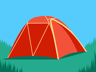 Camping tent outdoors in a field with grass. Camp area, nature adventure illustration.
