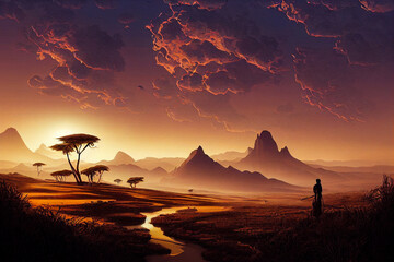 beautiful african safari landscape scenery at sunset, illustration created with Generative AI