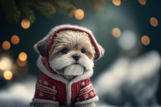 Little puppy dressed in Santa clothes, christmas