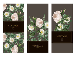 Card with botanical white roses in vintage style. Vector.
