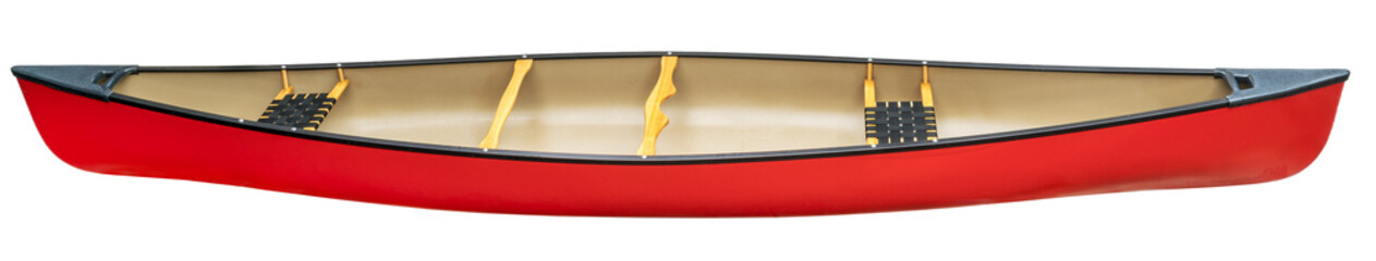 red tandem canoe with wood seats, side view, transparent background