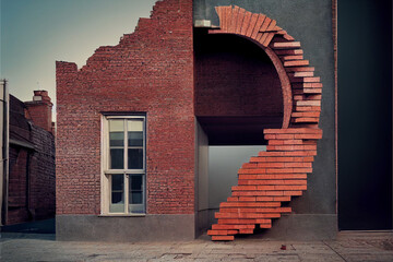 Construction of brick house. Concept, brick wall and windows.