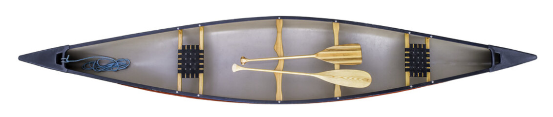 top view of a tandem canoe with wooden paddles, transparent background