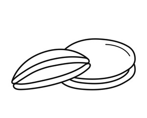 Dorayaki. Two pancake with bean paste. Traditional japanese dessert. Hand drawn asian sweet food element icon. Isolated vector illustration in doodle line style.