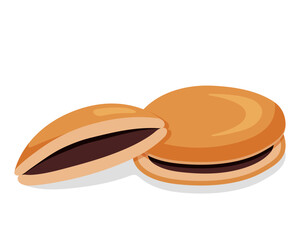 Dorayaki. Two pancake made from castella with filling of sweet azuki bean paste. Traditional japanese dessert. Asian sweet food. Flat vector illustration isolated on white background.