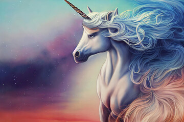 Obraz na płótnie Canvas Beautiful cute unicorn on sky background