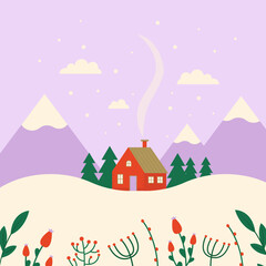 Fototapeta na wymiar Winter landscape with mountains, house, snowflakes, botanical elements. Christmas vector illustration in flat style.
