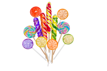 Lollipops of different colors and shapes isolated on white background.