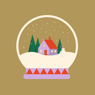 Winter snow globe. Christmas glass ball with house, trees, falling snowflakes. Crystal ball. Flat vector illustration.