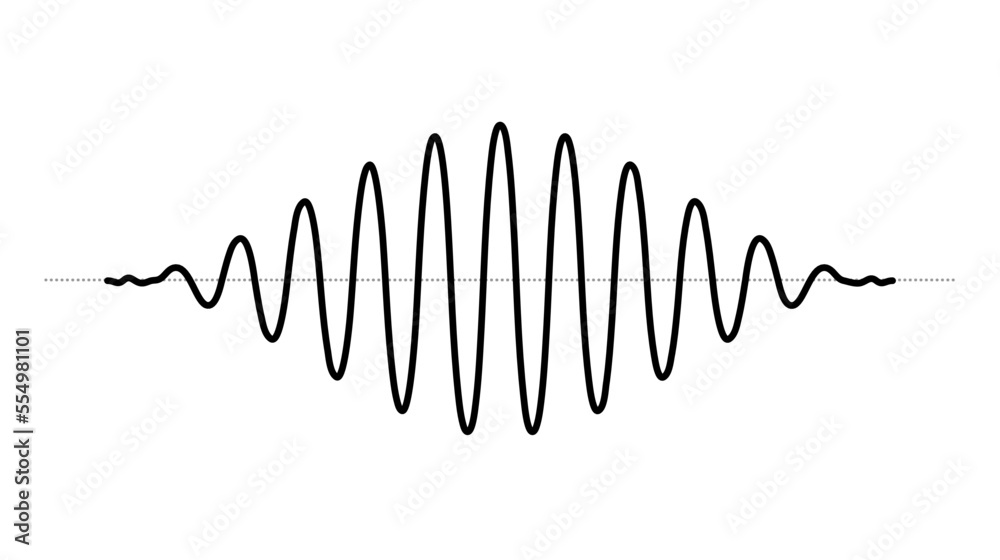 Poster Sinusoid fading signal. Black curve sound wave. Voice or music audio concept. Pulse line. Fading out electronic radio graphic.