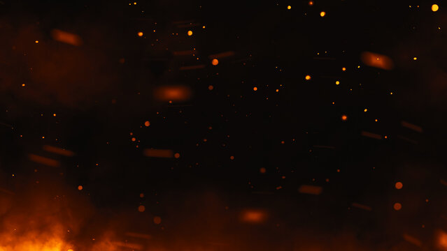 Red fire embers particles texture overlays . Sparkle burn effect on isolated black background for movie scenes.