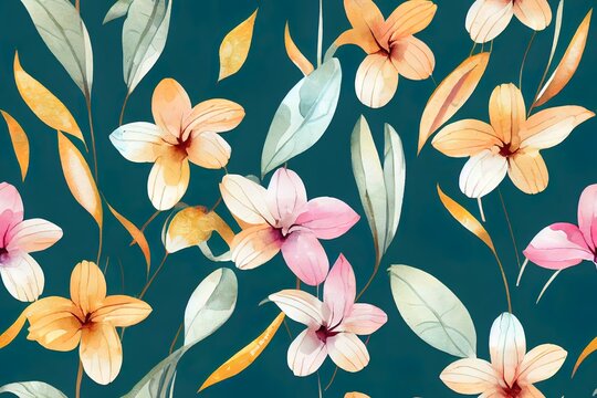 Seamless tropical floral design with hand-painted watercolor plants from the wild. Typical stock art. Generative AI
