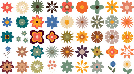Collection of flowers in retro groovy style. vector illustration