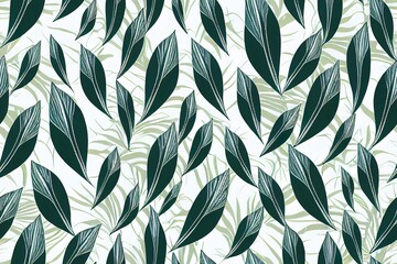For use in fabrics, graphics, and crafts, a continuous pattern of brush strokes depicting a tropical leaf. Generative AI