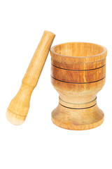 A wooden mortar and a pestle isolated on a white background - obrazy, fototapety, plakaty