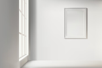 Vector realistic empty room with window and blank picture frame. Indoor interior mockup. Stuido room with light grey walls.