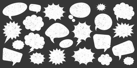 White grunge comic speech bubbles on dark background. Hand drawn retro cartoon stickers. Chatting, message box. Vector illustration