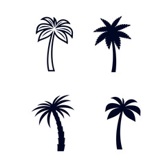 Set of African Rainforest Coconut Trees or Tropical Palm Trees on White. Simple Black Silhouette For Web Banners, Posters, Cards, and Wallpapers.